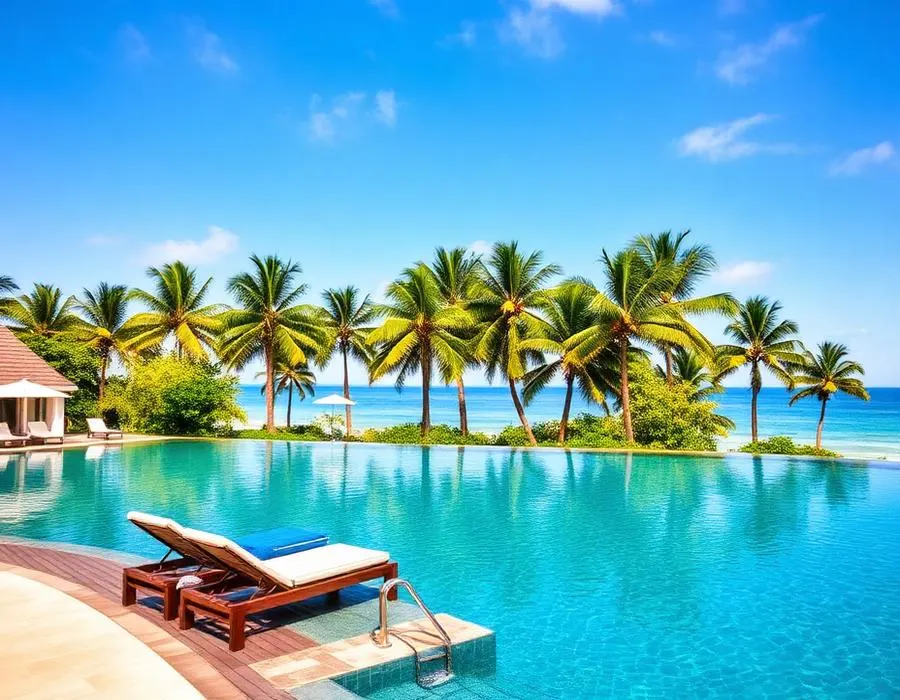 Palm-lined resort pool at a Caribbean hotel of the kind RNG books for travel customers